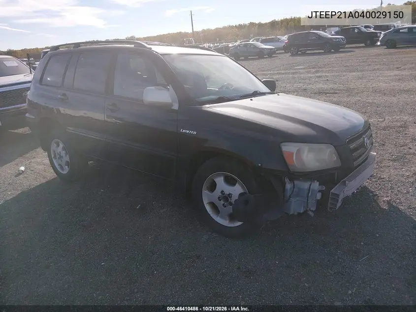 TOYOTA HIGHLANDER 2004, VIN JTEEP21A040029150