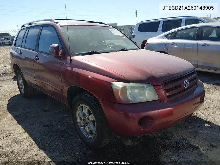 TOYOTA HIGHLANDER 2006, VIN JTEGD21A260148905