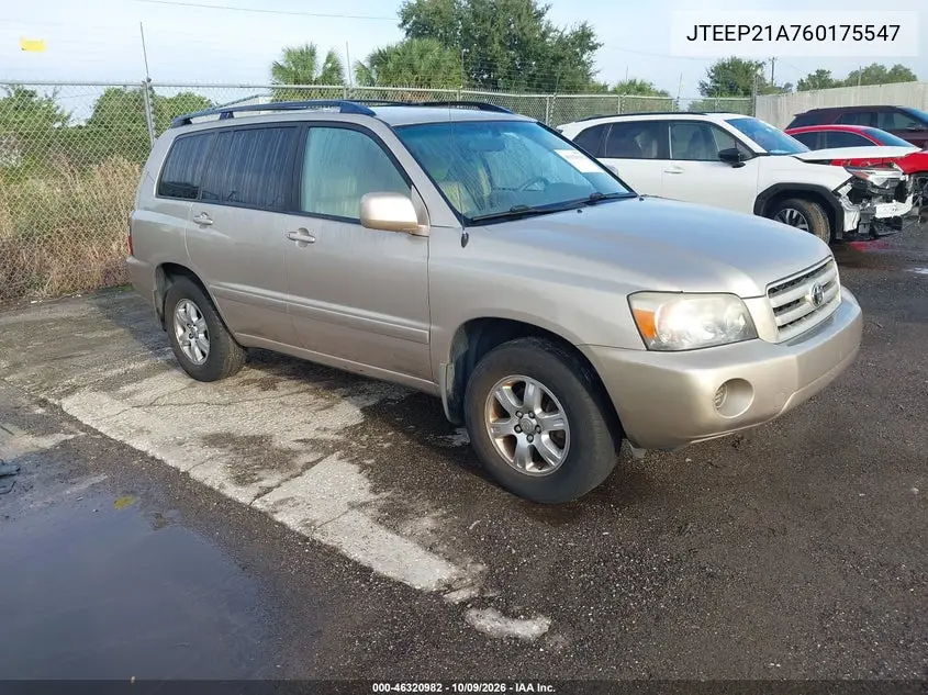 TOYOTA HIGHLANDER 2006, VIN JTEEP21A760175547