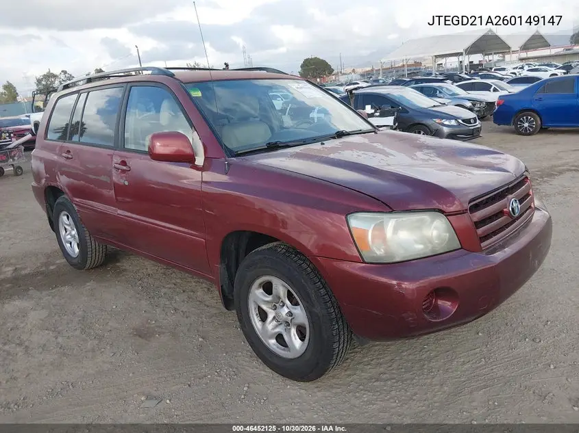 TOYOTA HIGHLANDER 2006, VIN JTEGD21A260149147