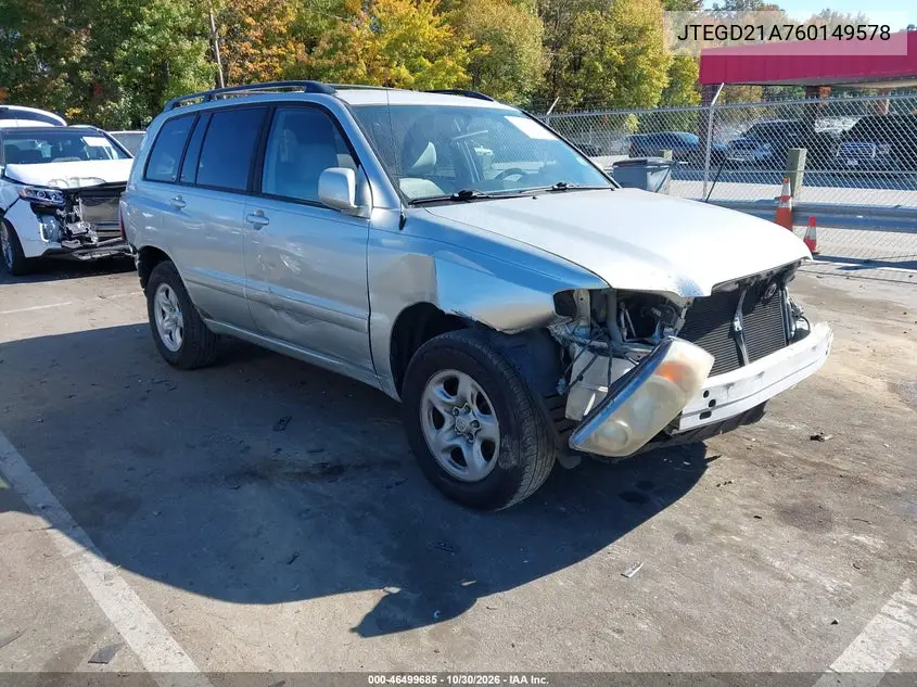 TOYOTA HIGHLANDER 2006, VIN JTEGD21A760149578
