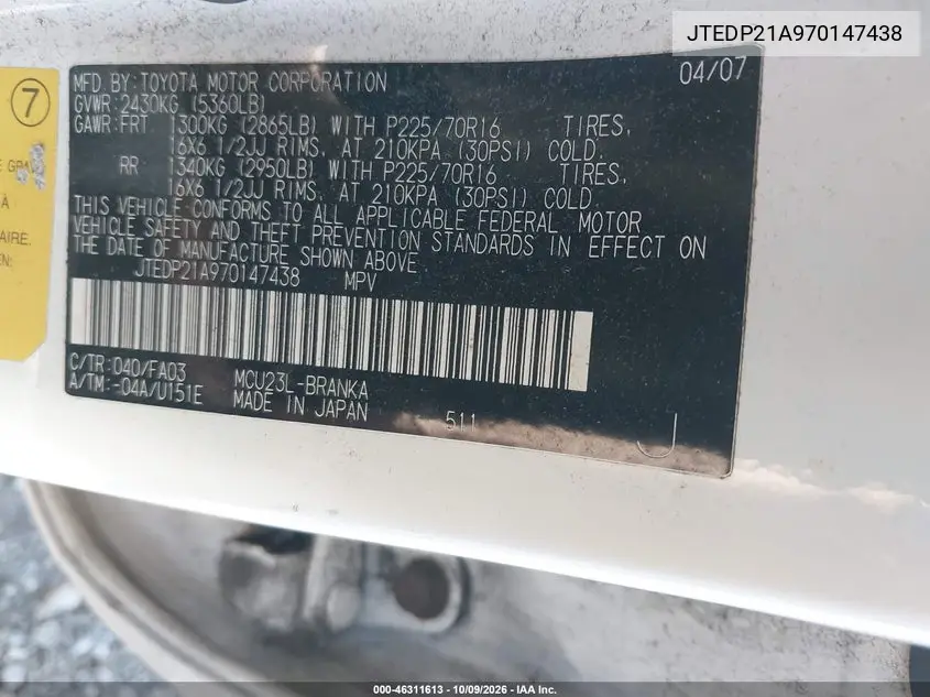 2007 TOYOTA HIGHLANDER VIN JTEDP21A970147438 — фото 9