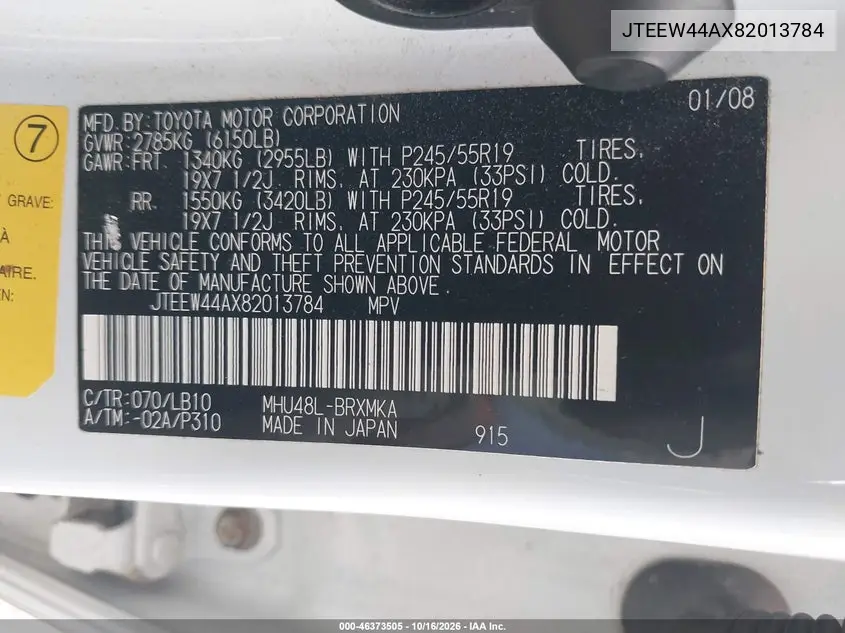 2008 TOYOTA HIGHLANDER VIN JTEEW44AX82013784 — фото 9