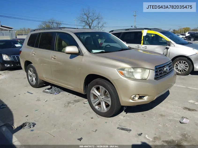TOYOTA HIGHLANDER 2008, VIN JTEDS43A782035475