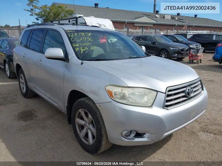 TOYOTA HIGHLANDER 2009, VIN JTEDA41A992002436