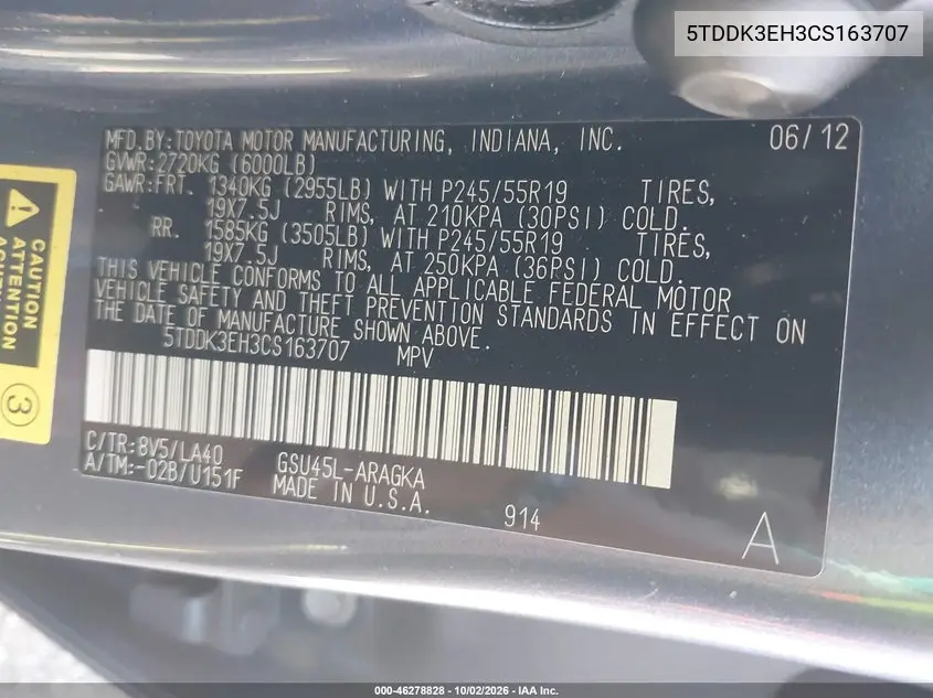 2012 TOYOTA HIGHLANDER VIN 5TDDK3EH3CS163707 — фото 9