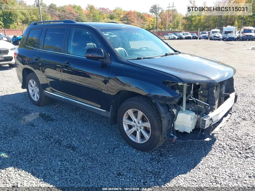 TOYOTA HIGHLANDER 2012, VIN 5TDBK3EH8CS115031