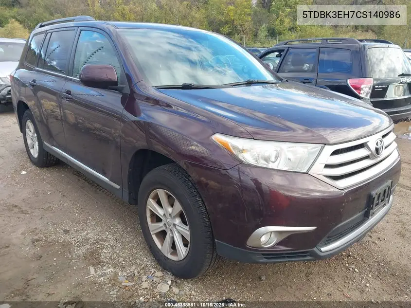 TOYOTA HIGHLANDER 2012, VIN 5TDBK3EH7CS140986