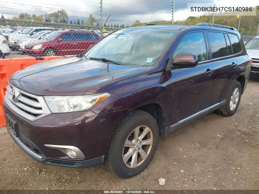 2012 TOYOTA HIGHLANDER VIN 5TDBK3EH7CS140986 — фото 2