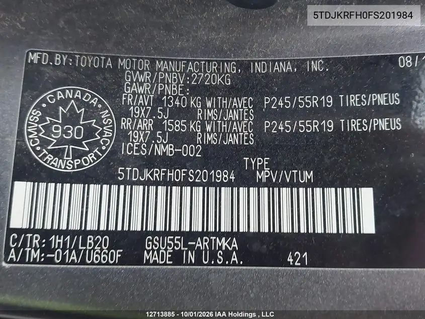 2015 TOYOTA HIGHLANDER VIN 5TDJKRFH0FS201984 — фото 9