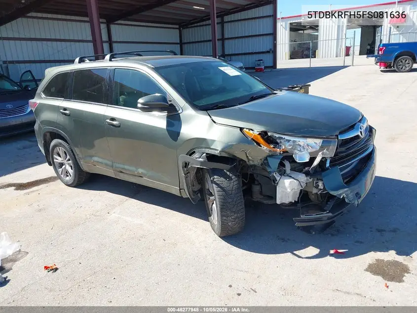 TOYOTA HIGHLANDER 2015, VIN 5TDBKRFH5FS081636