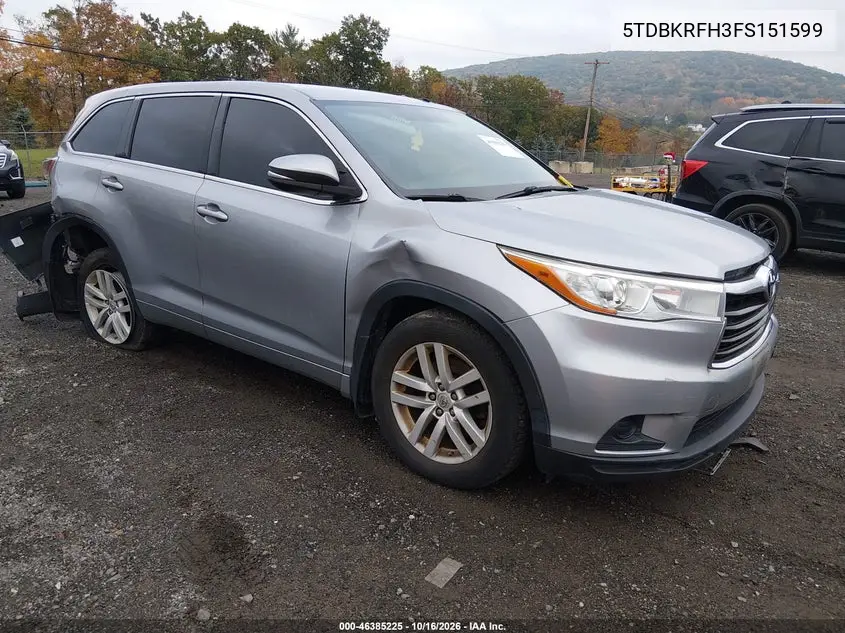 TOYOTA HIGHLANDER 2015, VIN 5TDBKRFH3FS151599