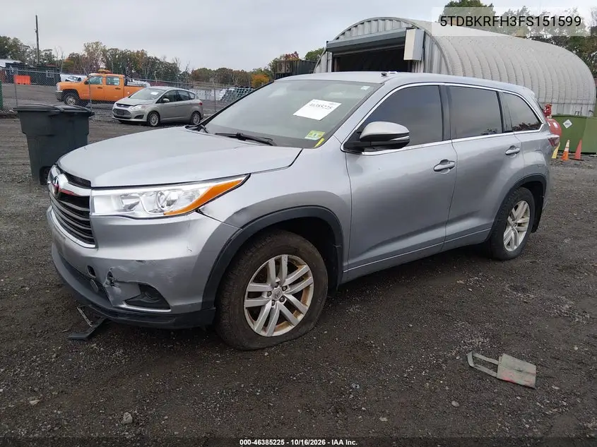 2015 TOYOTA HIGHLANDER VIN 5TDBKRFH3FS151599 — фото 2