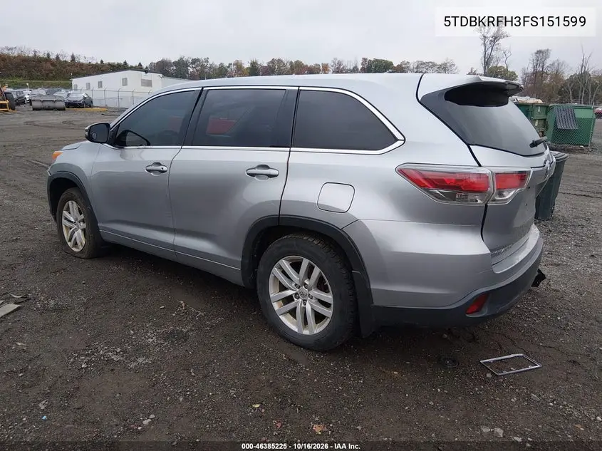 2015 TOYOTA HIGHLANDER VIN 5TDBKRFH3FS151599 — фото 3