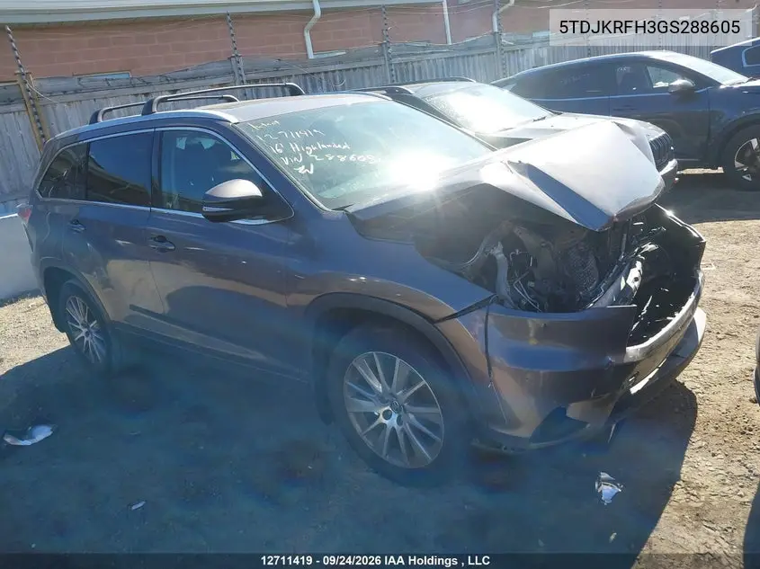 TOYOTA HIGHLANDER 2016, VIN 5TDJKRFH3GS288605