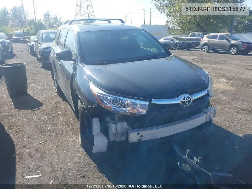 TOYOTA HIGHLANDER 2016, VIN 5TDJKRFH8GS315877