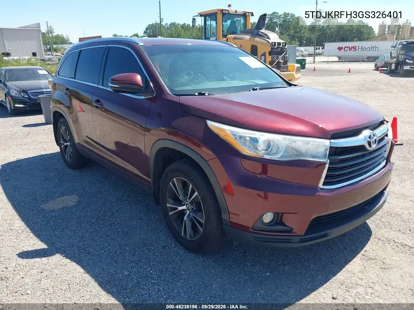 TOYOTA HIGHLANDER 2016, VIN 5TDJKRFH3GS326401