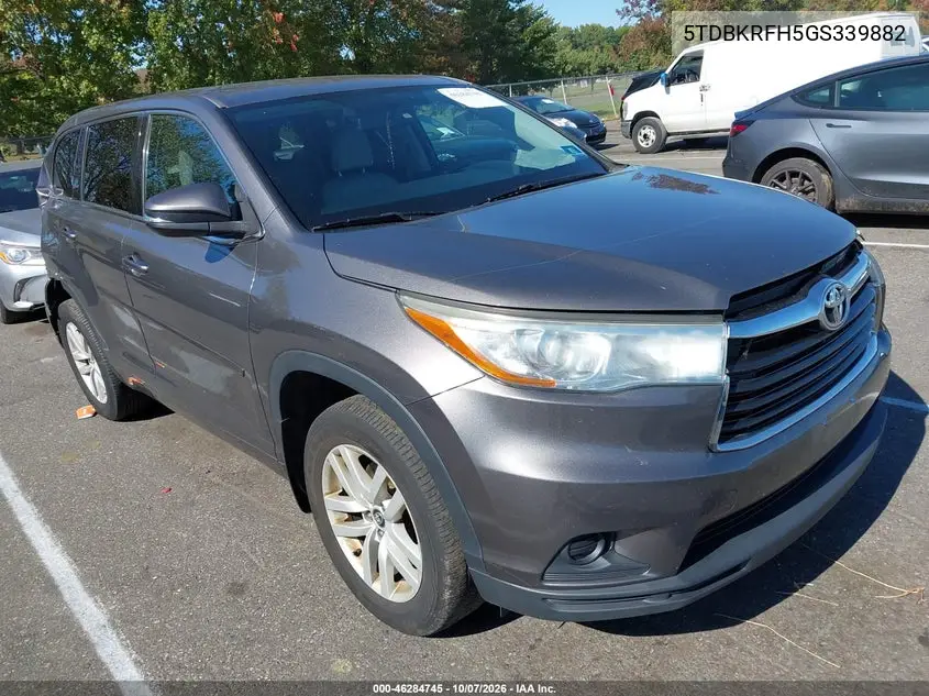 TOYOTA HIGHLANDER 2016, VIN 5TDBKRFH5GS339882
