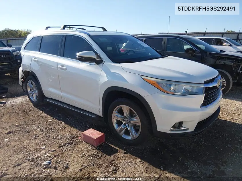 TOYOTA HIGHLANDER 2016, VIN 5TDDKRFH5GS292491