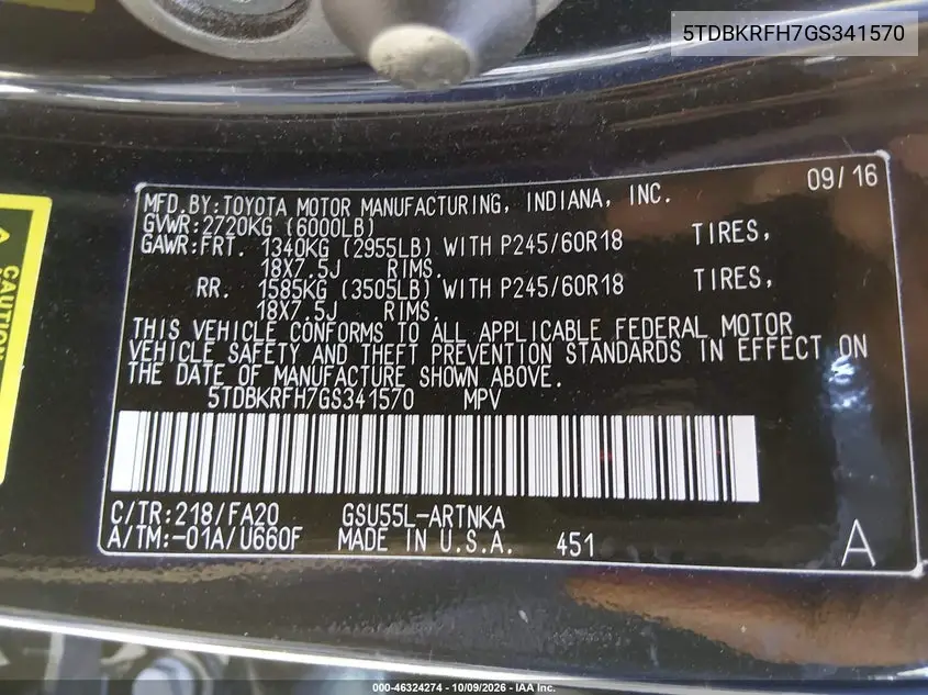 2016 TOYOTA HIGHLANDER VIN 5TDBKRFH7GS341570 — фото 9
