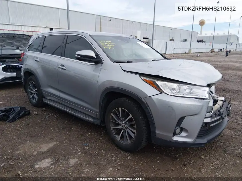 TOYOTA HIGHLANDER 2017, VIN 5TDKZRFH6HS210692