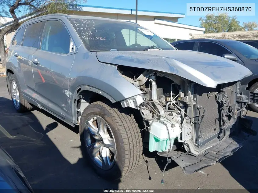 TOYOTA HIGHLANDER 2017, VIN 5TDDZRFH7HS360870