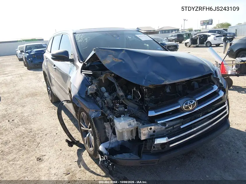 TOYOTA HIGHLANDER 2018, VIN 5TDYZRFH6JS243109