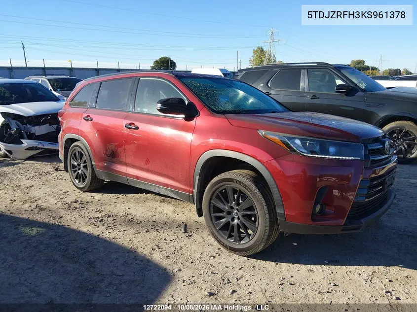 TOYOTA HIGHLANDER 2019, VIN 5TDJZRFH3KS961378