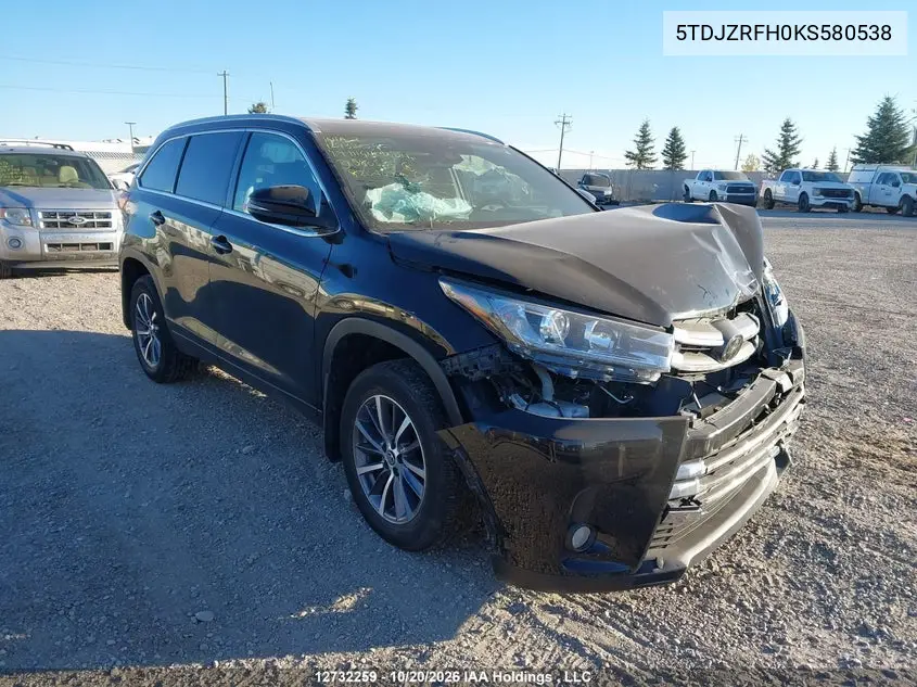 TOYOTA HIGHLANDER 2019, VIN 5TDJZRFH0KS580538