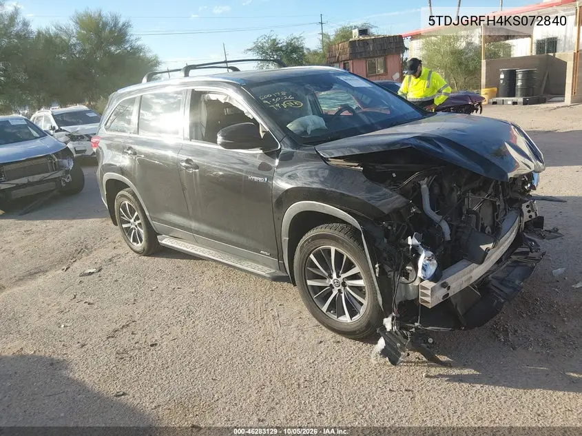 TOYOTA HIGHLANDER 2019, VIN 5TDJGRFH4KS072840
