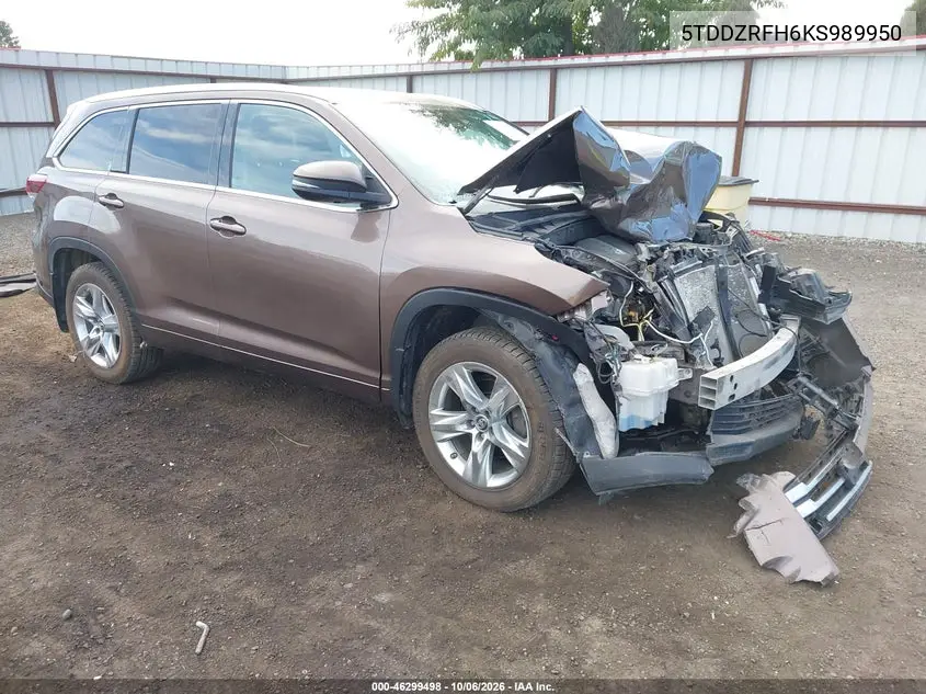 TOYOTA HIGHLANDER 2019, VIN 5TDDZRFH6KS989950