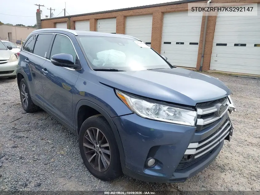 TOYOTA HIGHLANDER 2019, VIN 5TDKZRFH7KS292147