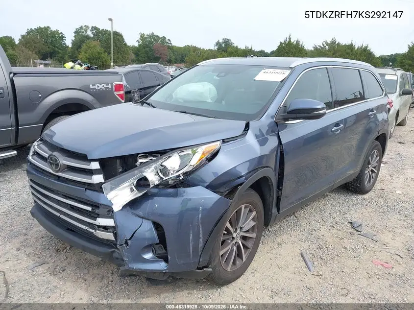 2019 TOYOTA HIGHLANDER VIN 5TDKZRFH7KS292147 — фото 2