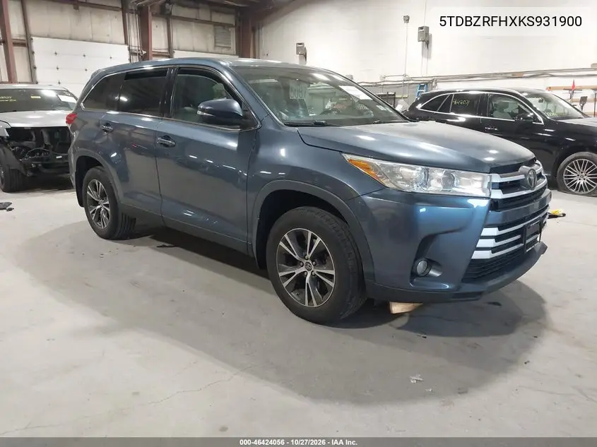 TOYOTA HIGHLANDER 2019, VIN 5TDBZRFHXKS931900