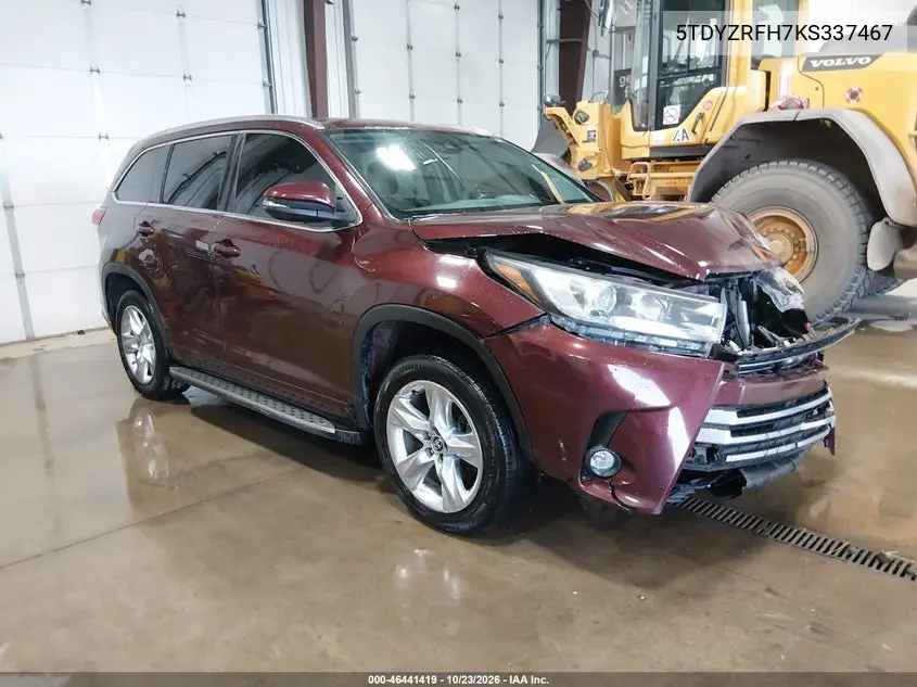 TOYOTA HIGHLANDER 2019, VIN 5TDYZRFH7KS337467