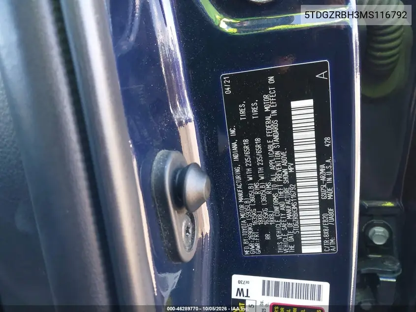 2021 TOYOTA HIGHLANDER VIN 5TDGZRBH3MS116792 — фото 9