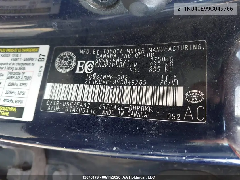 2009 TOYOTA MATRIX VIN 2T1KU40E99C049765 — фото 9