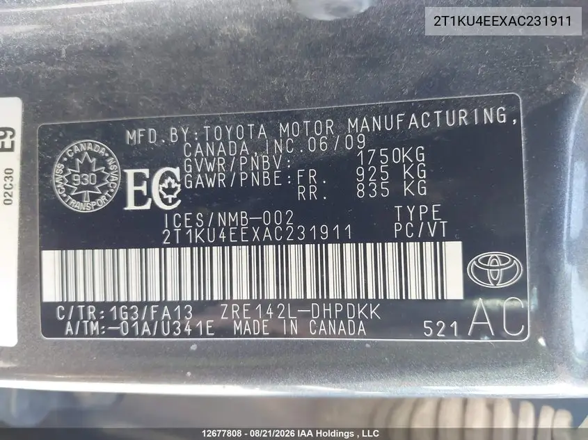 2010 TOYOTA MATRIX VIN 2T1KU4EEXAC231911 — фото 21