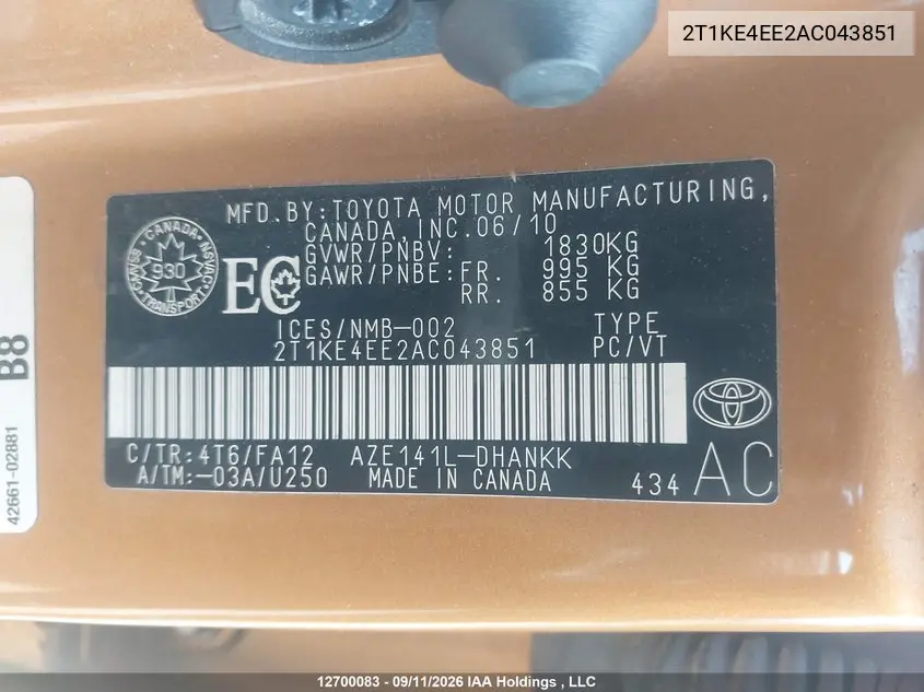 2010 TOYOTA MATRIX VIN 2T1KE4EE2AC043851 — фото 9
