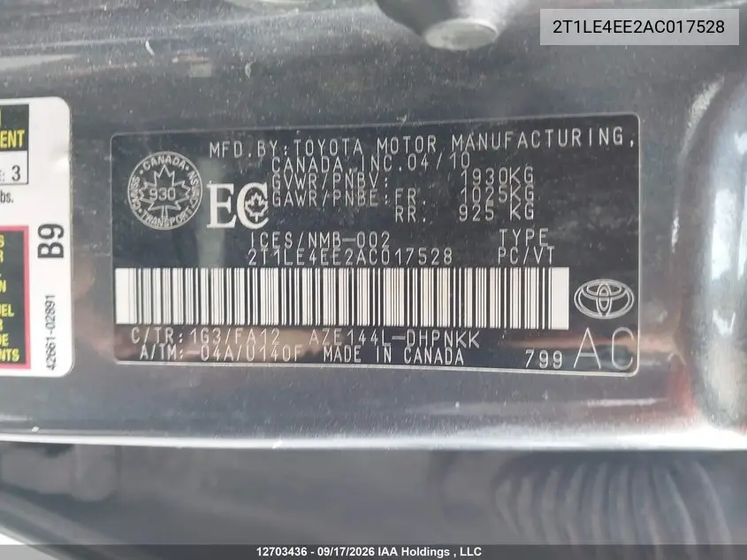 2010 TOYOTA MATRIX VIN 2T1LE4EE2AC017528 — фото 18