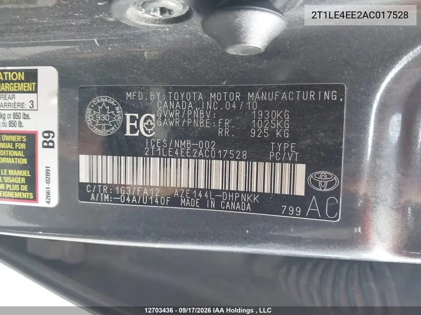 2010 TOYOTA MATRIX VIN 2T1LE4EE2AC017528 — фото 9