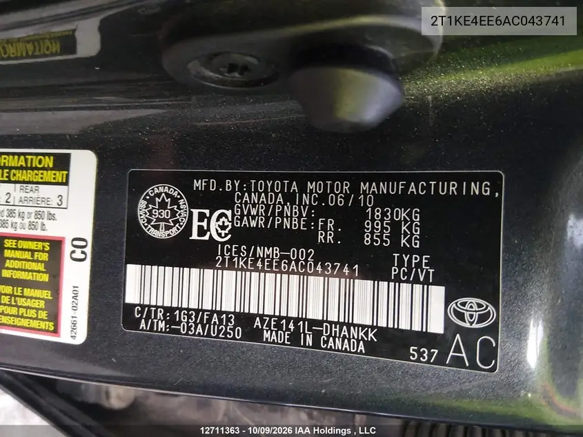 2010 TOYOTA MATRIX VIN 2T1KE4EE6AC043741 — фото 9