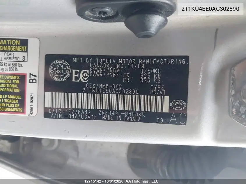 2010 TOYOTA MATRIX VIN 2T1KU4EE0AC302890 — фото 9