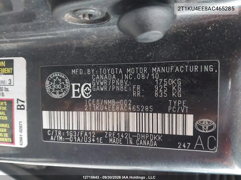 2010 TOYOTA MATRIX VIN 2T1KU4EE8AC465285 — фото 19