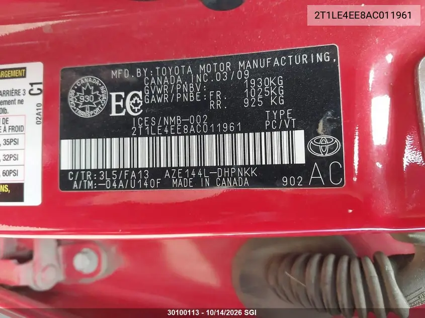 2010 TOYOTA MATRIX VIN 2T1LE4EE8AC011961 — фото 9