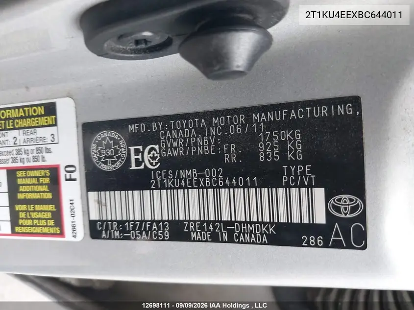 2011 TOYOTA MATRIX VIN 2T1KU4EEXBC644011 — фото 9