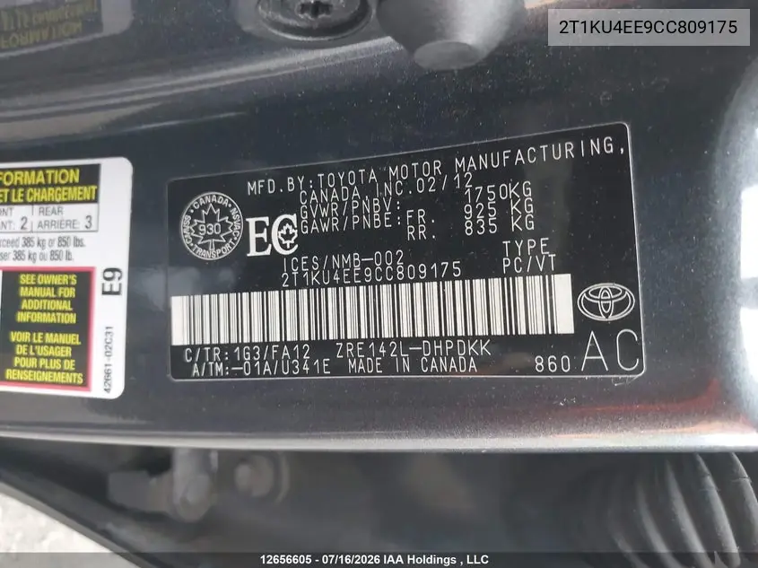 2012 TOYOTA MATRIX VIN 2T1KU4EE9CC809175 — фото 9