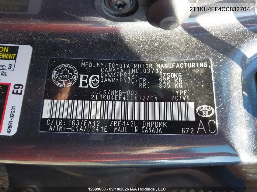 2012 TOYOTA MATRIX VIN 2T1KU4EE4CC832704 — фото 9