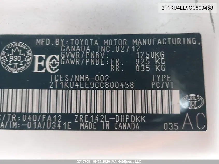 2012 TOYOTA MATRIX VIN 2T1KU4EE9CC800458 — фото 9
