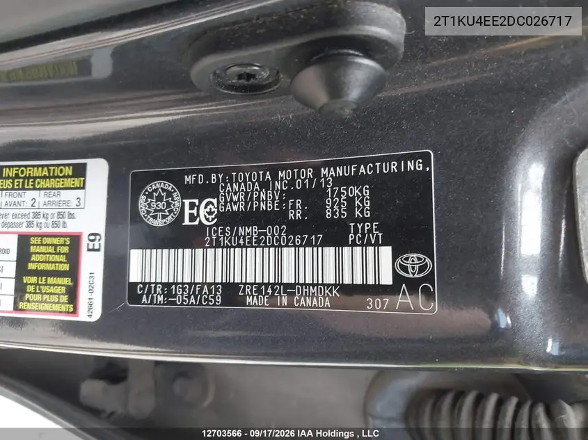 2013 TOYOTA MATRIX VIN 2T1KU4EE2DC026717 — фото 9